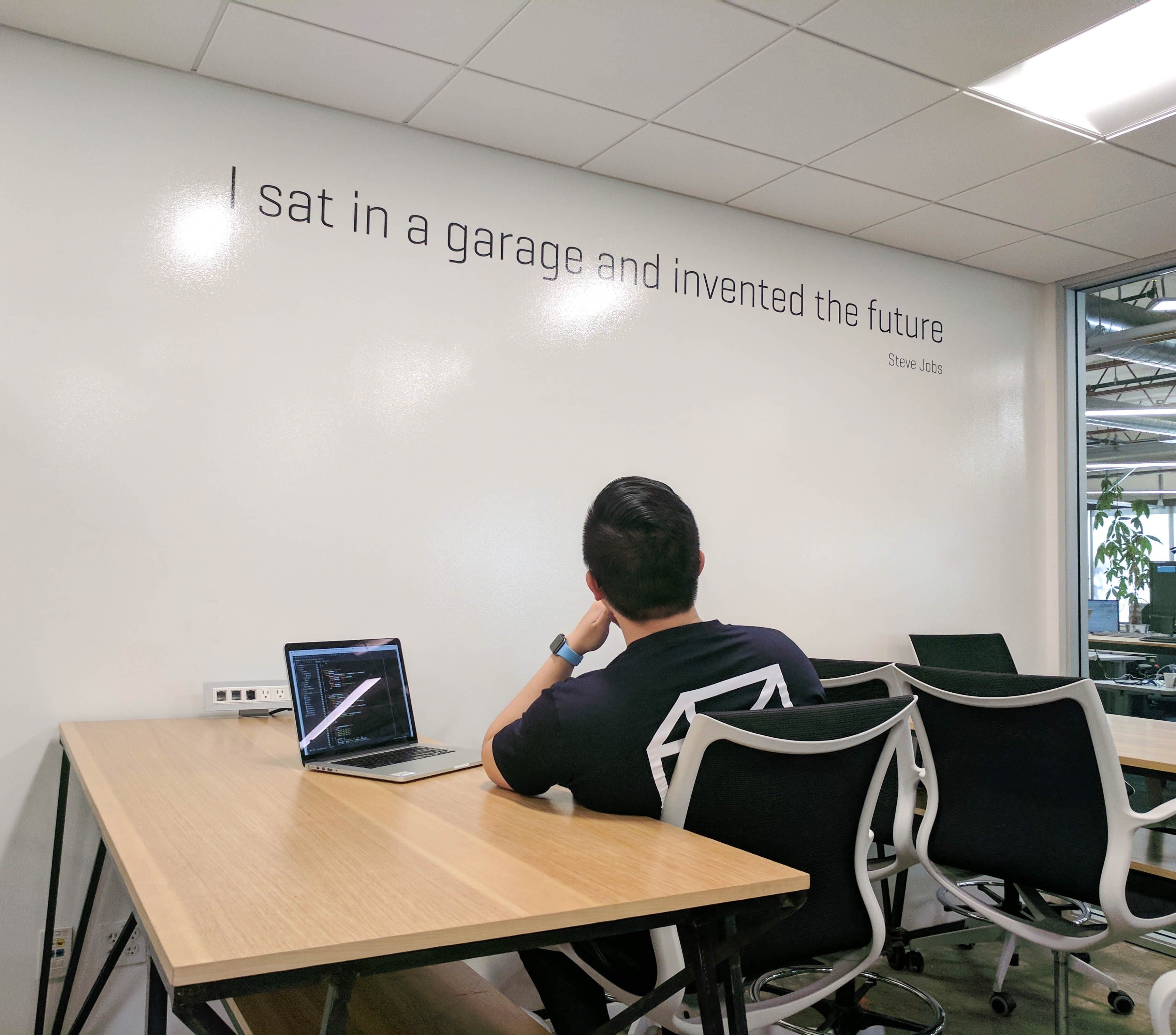 In a meeting room designed as a garage to inspire creative ideas